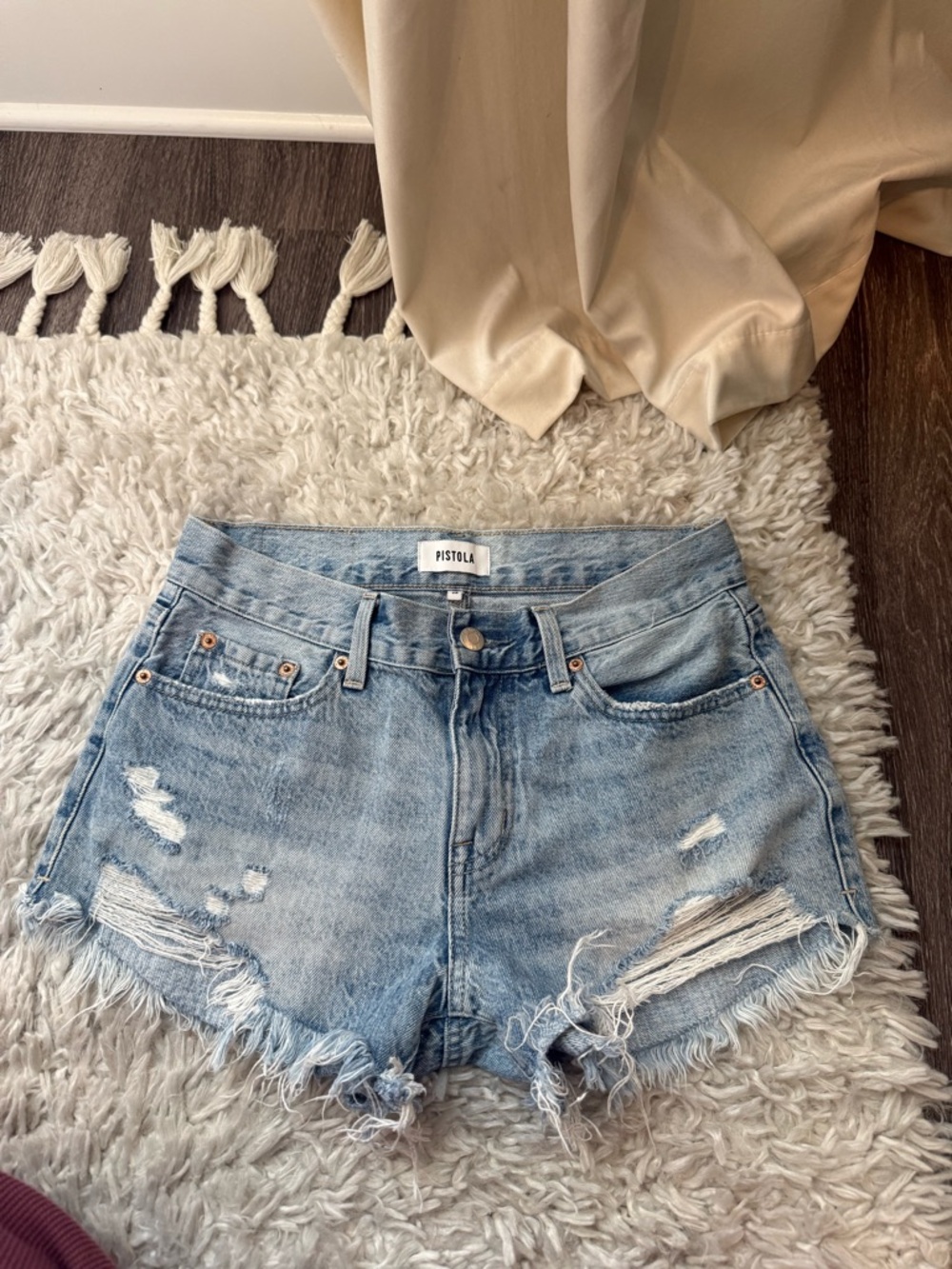 pistola faded light blue distressed jean shorts